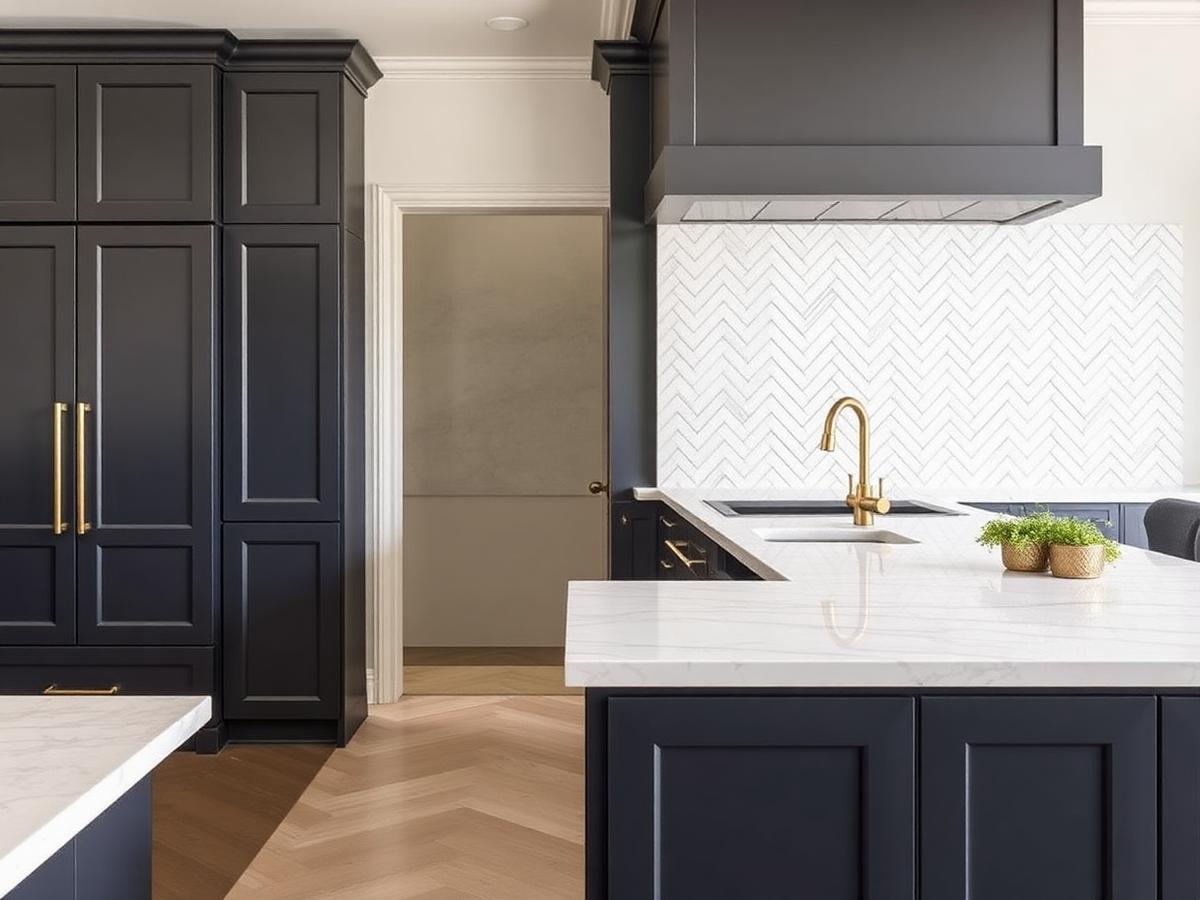 Slate cabinets · brass fixtures